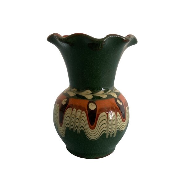 Miniature 3" Bulgarian Troyan Art Pottery Peacock Eye Redware Vase Vintage - Picture 3 of 7